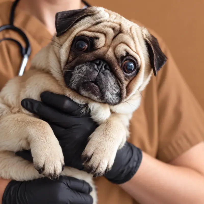 Pug no colo da veterinária